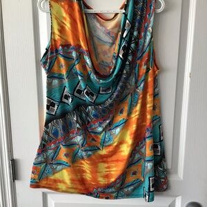 Source Unknown Sleeveless Cowl Neck Tank in Orange & Teal